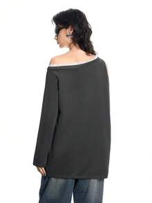 Airlisse Women's Fashionable Lace Asymmetric Tie-Up Loose Shoulder Contrast Color Long Sleeve Sweatshirt, Spring/Summer Y2K - Grey - View 2