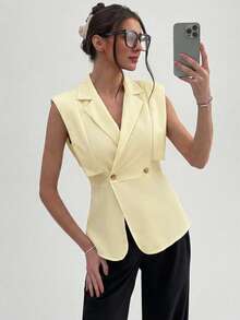 Aloruh 女士优雅缺角领收腰无袖纯色西装外套 - 淡黃色 - 查看 4