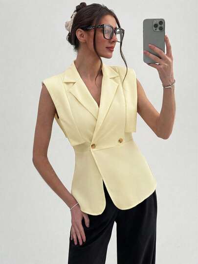 Aloruh Blazer de mujer de unicolor, sin mangas, con cuello muescado y cintura ceñida