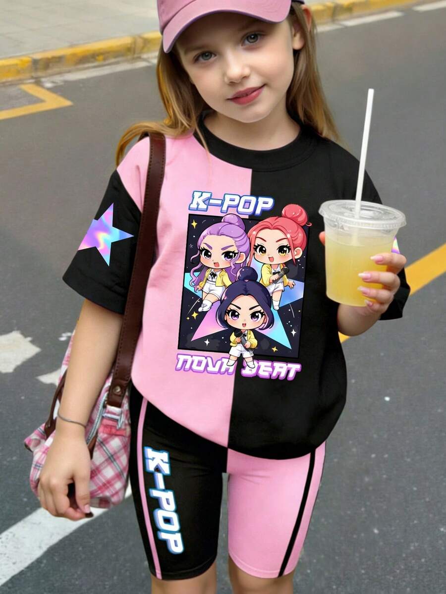 2pcs/Set Spring And Summer Casual Fashion Creative Personalized High-End Refreshing Leopard Print Patchwork Graphic Letter Print Relaxed Back-To-School Style Basic Tee + Bike Shorts Outfit, Comfortable Daily Wear, Suitable For Tween Girls In Spring, Summer And Autumn School Black And White Polka Dot - Multicolor - View 1