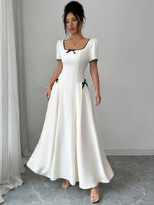 Elenzga 女士纯色U领方领撞色滚边腰部褶裥撞色蝴蝶结装饰短泡泡袖长款连衣裙，杏色，优雅法式复古正式办公通勤商务休闲度假下午茶街头风简约百搭复古澳式休闲派对情人节约会春夏新款 - 杏色 - 查看 4