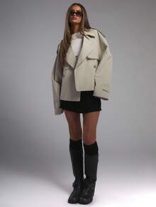 MUSERA Oversized Buckle Belted Short Trench Coat Summer Holiday Airport Streetwear , Winter, Back To School Office Work Everyday Spring - Apricot - View 3