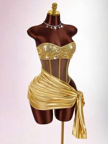 Amplova 女士性感系带迷你连衣裙，亮片拼接裹身裙摆，性感时尚，适合派对和夜店穿着。 - 金色 - 查看 7