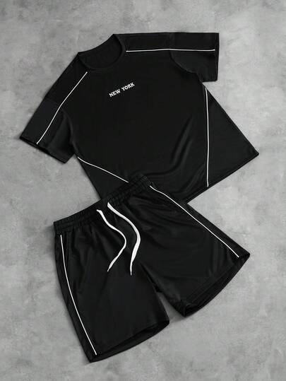 PAVTROS 男士休闲街头字母印花撞色滚边短袖T恤和抽绳腰短裤套装，夏季