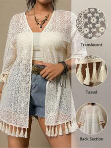 Freevana Plus Size Women Vacation Fringe Cuff Loose Kimono Cover Up,Plus-Size Kimonos, Plus-Size Three-Quarter Sleeve Shirts, Plus-Size Beachwear, V-Neck Three-Quarter Sleeve Jackets, Casual Vacation Tops, Sun-Protective Clothing, Tassel Embellishments On Cuffs And Hem, Geometric Lace Patterns, Openwork Tops.Plus-Size Women'S Apricot-Colored Openwork Crochet Kimono, Lace Jacket, Loose Mid-Length Sleeves, Romantic Early Spring Beach Warm Kimono Shirt, Women'S Beach Kimono 2026 Summer Beach,Large Size Beach Kimono Plus-Size Lace Crochet Tassel Hem Kimono Summer Lace Kimono Boho Kimono Lace Cover Up Summer Cardigan For Women Crochet Cover Up - Apricot - View 10