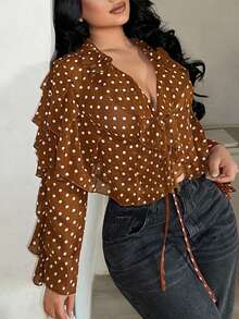 SHEIN SXY Fashionable Commuter Coffee Brown Polka Dot Ruffle Trim Shirt,Vacation,Brown ,Valentine's Day ,Going Out, Sexy Blouse For Women, Brown Blouse, Coffee Brown Top, Polka Dot Shirt, Pokadot Top - Coffee Brown - View 9