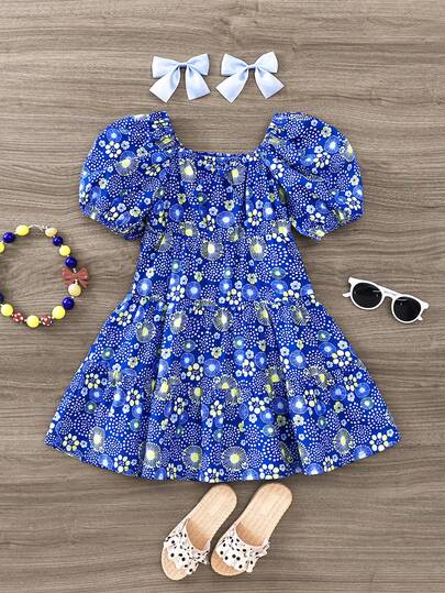 SHEIN 少女復古花卉圖案露肩泡泡袖夏日連衣裙