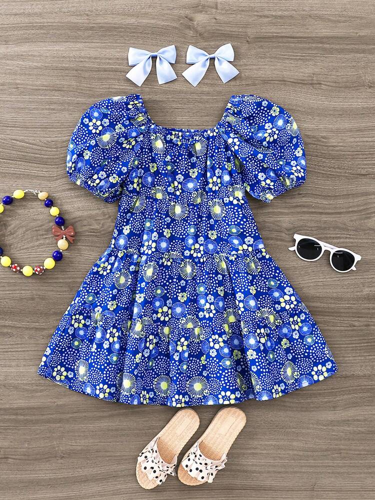 Young Girl Vintage Floral Pattern Off-Shoulder Puff Sleeve Summer Dress