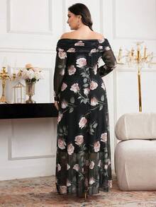Modelyn Plus Size Elegant Floral Print Off-Shoulder Dress - Black - View 2
