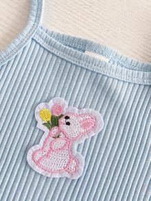 SHEIN Playful Pals 女婴可爱休闲舒适纯棉面料刺绣动物图案吊带背心，适合居家和户外活动，春夏款 - 彩色 - 查看 3