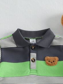 SHEIN Playful Pals 男婴休闲可爱小熊刺绣徽章条纹短袖polo衫和短裤套装，适合夏季穿着 - 彩色 - 查看 6