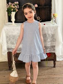 LMoss Kids 年轻女孩度假休闲时尚条纹无袖连衣裙 - 藍色 - 查看 6