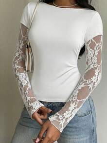 SHEIN EZwear Áo thun dài tay ôm dáng cổ thuyền phối ren xuyên thấu dành cho nữ cỡ lớn, thanh lịch, thích hợp cho mùa xuân, hè và thu. - trắng - Xem 1