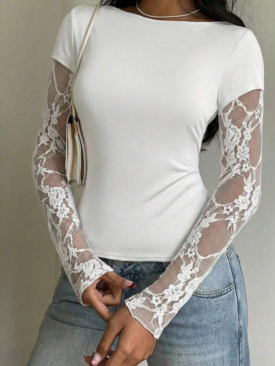 SHEIN EZwear Áo thun dài tay ôm dáng cổ thuyền phối ren xuyên thấu dành cho nữ cỡ lớn, thanh lịch, thích hợp cho mùa xuân, hè và thu. - trắng - Xem 1