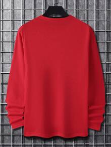 Manfinity Homme Áo thun nam cổ tròn tay dài màu trơn, dáng rộng, mùa thu - Đỏ - Xem 2