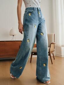 Anewsta Women's Fashion Pockets Fruit Embroidery Straight Leg Jeans - Blue - View 5