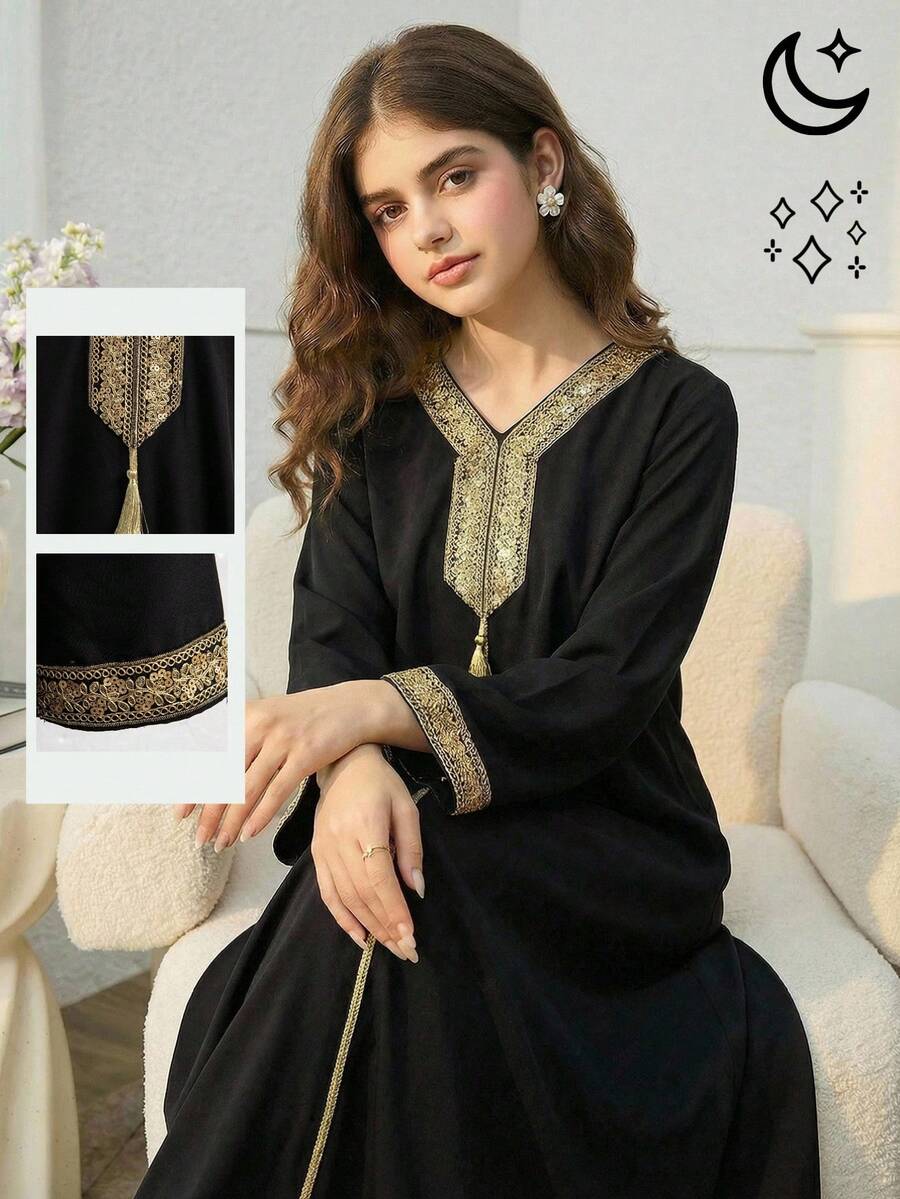 少女优雅派对丝带装饰连衣裙 - 黑色 - 查看 1