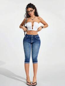 Jeanoix 女士休闲水洗修身刺绣口袋牛仔裤 - 藍色 - 查看 7