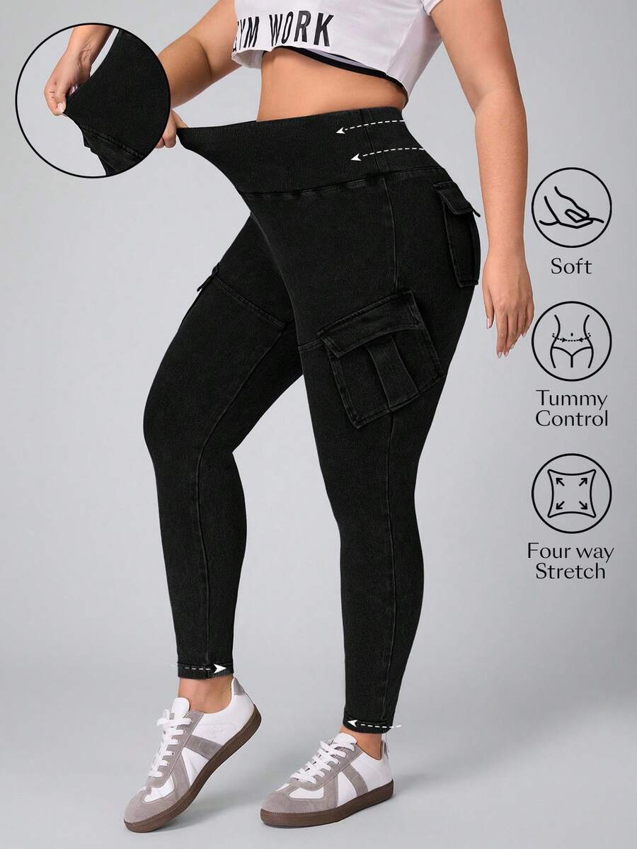 Flexra 大码女式高腰工装口袋紧身休闲牛仔裤 - 黑色 - 查看 1