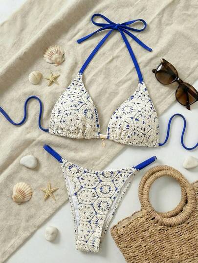 Swim Vcay 2026 New Summer Beach Vacation Sexy Water-Soluble Embroidered Delicate Summer Outfit, Blue & White Design Plus Size Swimsuit Set