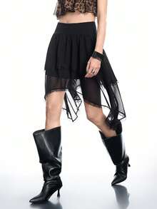 Airlisse 女士不对称休闲百搭雪纺半身裙，春夏款 - 黑色 - 查看 3