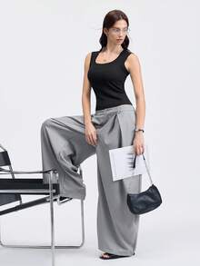 Loungeista Canottiera da donna con costine e bretellemolto larghe, canotta minimale di colore unito senza maniche - nero - Visualizzare 6