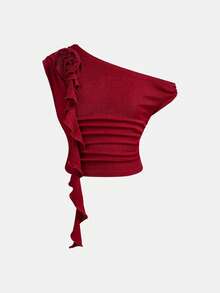 SHEIN 少女休闲优雅法式花卉3D荷叶边不对称圆领无袖上衣/吊带衫，适合春夏度假、日常外出，红色 - 紅色 - 查看 5
