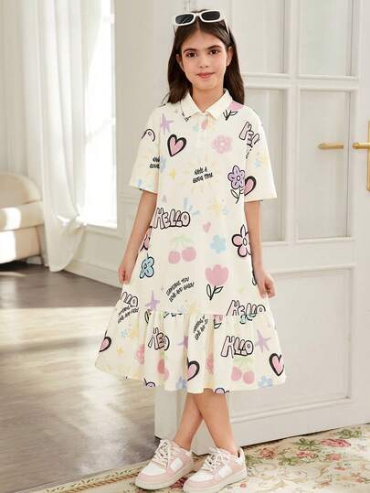 SHEIN Tween Girls' Casual Street Style Graffiti Heart Letter Print Collared Loose Oversize Patchwork Pleated Polo Shirt Dress, Short Sleeve Midi Length