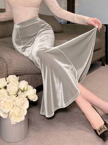 DAZY Chân váy chữ A màu trơn, kiểu dáng thường ngày, thích hợp cho mùa thu, dự tiệc cưới. - Màu be - Xem 5