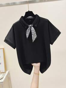 Franclia 女士简约休闲纯色Polo领围巾系带短袖T恤 情人节夏季上衣 女士休闲T恤 黑色T恤带围巾系带上衣 女士优雅蝴蝶结上衣 - 黑色 - 查看 3