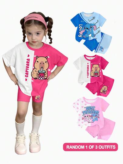 2pcs/Set Girls Casual Creative Cute Cartoon Rabbit, Bubble Tea, Heart Graphic Print T-Shirt And Bike Shorts Set, Comfortable Cozy Summer And Fall Styles, Suitable For Spring, Summer, Autumn