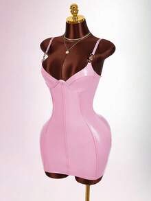 Amplova Váy ngủ latex màu hồng cho nữ, váy bó sát kiểu áo ngực gợi cảm với dây đai eo bo xương - Hồng - Xem 3