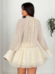 Vionelle Đầm thanh lịch dành cho nữ cỡ lớn, in chấm bi, viền bèo nhún, cổ buộc dây, tay raglan. - Màu be - Xem 5