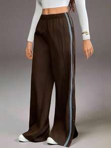SHEIN Tall 女士弹力腰侧条纹阔腿宽松休闲裤棕色裤子女士阔腿裤按扣裤运动裤棕色运动裤 - 棕色 - 查看 2