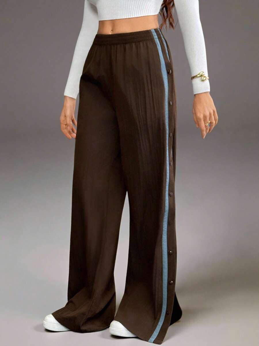 SHEIN Tall 女士弹力腰侧条纹阔腿宽松休闲裤棕色裤子女士阔腿裤按扣裤运动裤棕色运动裤