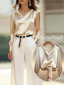 Rafferiza Solid Color Satin Satin V-Neck Pearl-Embellished Long-Sleeved Blouse For Women, Fashionable, Simple, And Elegant. Suitable For Spring, Summer, Holiday, And Valentine's Day. Also Suitable For Parties, Elegant Women's Tops, And Vacation Wear. Features Include Shimmering Details, Elegant Blouses, And Vacation Attire. - Khaki - View 1