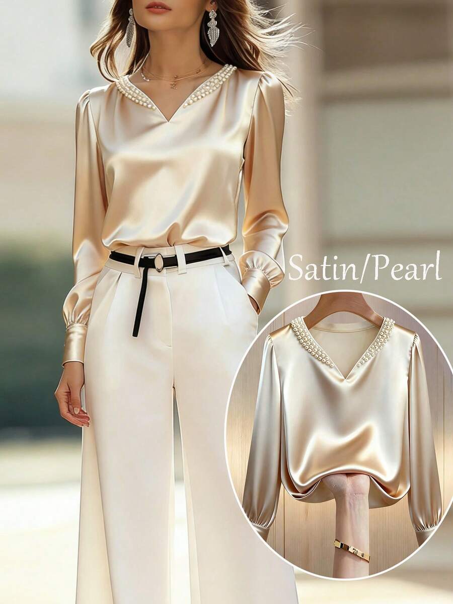 Rafferiza Solid Color Satin Satin V-Neck Pearl-Embellished Long-Sleeved Blouse For Women, Fashionable, Simple, And Elegant. Suitable For Spring, Summer, Holiday, And Valentine's Day. Also Suitable For Parties, Elegant Women's Tops, And Vacation Wear. Features Include Shimmering Details, Elegant Blouses, And Vacation Attire. - Khaki - View 1