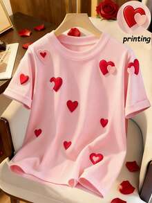 Chiquease Stylish Women's Round Neck Pink Polyester T-Shirt With Lovely Heart Print Short Regular Sleeves - Pink - View 1