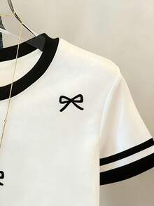 Resyla Women's Loose Casual Crew Neck T-Shirt With Bow Print And Contrast Striped Pattern - White - View 3