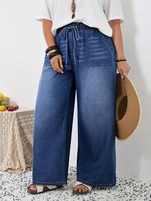 SHEIN Tall CURVE Quần jeans nữ cỡ lớn mùa hè và xuân, cạp chun, túi, ống rộng, dáng suông, thoải mái, co giãn, cạp chun đàn hồi. - Rửa tối - Xem 7