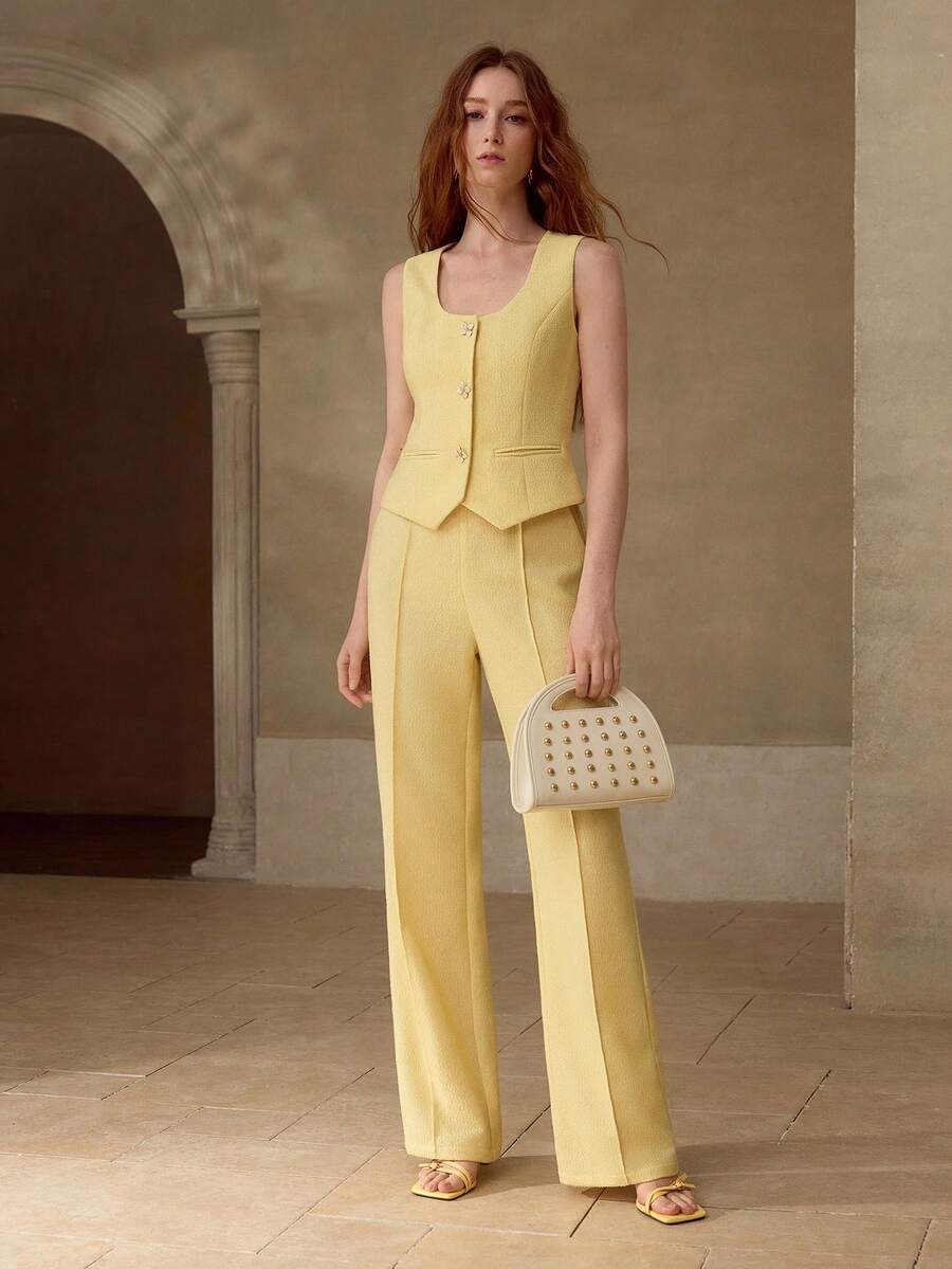 MOTF PREMIUM 粗花呢纯色前缝西装裤 - 黃色 - 查看 1