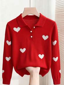 Chiquease Back-To-School Red And White Heart-Shaped Jacquard Pullover Sweater,Cute Autumn Long-Sleeved Round Neck Fitted Design For School,Parties & Weddings - Red and White - View 1