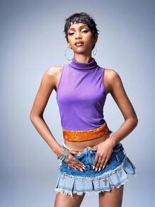 Y2Kool BiGraphic Women's Purple And Gold Sexy Sleeveless Top With Fashionable Color-Blocking, Summer Y2k 2000s Style 90s Fashion - Purple - View 3