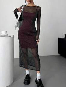 SHEIN EZwear 加大码黑色薄纱双层连衣裙，适合春夏穿着 - 彩色 - 查看 4