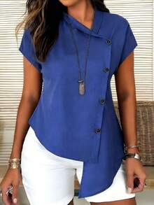 SHEIN LUNE Camisa holgada de lino similar para mujer de talla grande con bajo asimétrico, adecuada para el hogar y el exterior, primavera/verano - Azul - Ver 1