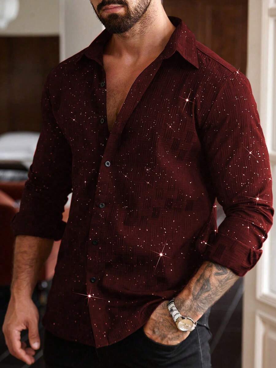 Manfinity Homme Plus Size Men's Long Sleeve Collared Button-Up Shirt, Formal - Burgundy - View 1