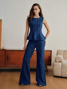 Anewsta Women's Elegant Romantic Party & Vacation Elastic Fitted Ruffle Trim Sleeveless Blue Top With Jeans Denim Peplum Top - Blue - View 1