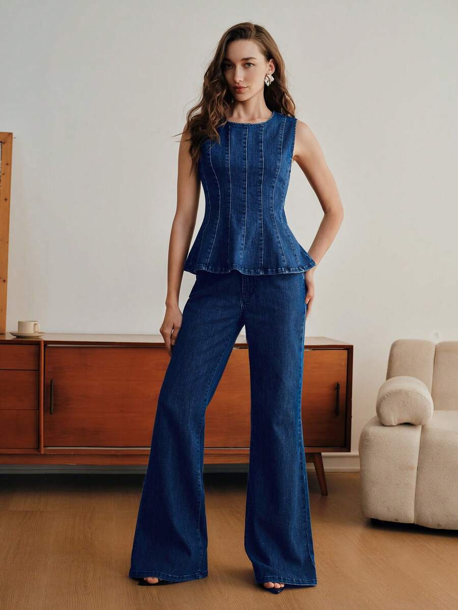 Anewsta Women's Elegant Romantic Party & Vacation Elastic Fitted Ruffle Trim Sleeveless Blue Top With Jeans Denim Peplum Top - Blue - View 1