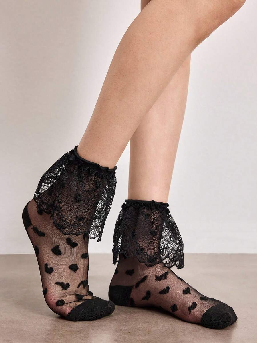 ROMWE Women Mid-Calf Socks With Bow Decor & Glittering Details - Black A4 - View 1