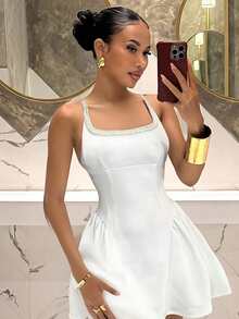 Slaydiva New Elegant Pearl Neck Square Neck Vest Design A-Line Umbrella Skirt White Knit Mini Skirt Women's Mini Dress  White Dresses-D